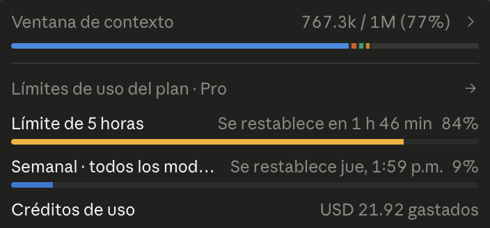 Claude Pro usage panel showing the context window at 767.3k of 1M (77%), the five-hour limit at 84% resetting in 1 hour 46 minutes, and the weekly limit at only 9%
