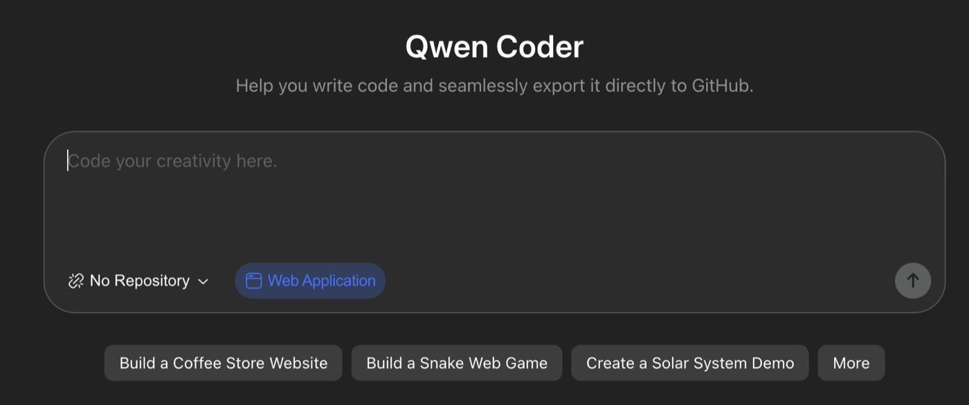 Qwen Coder's start screen. The tagline reads: Help you write code and seamlessly export it directly to GitHub. Below it are a No Repository selector and a Web Application mode.